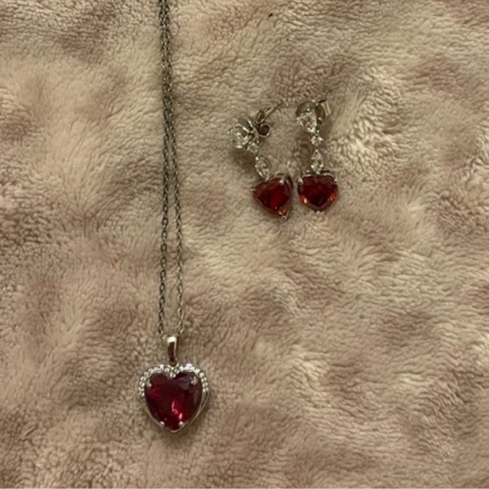 Elegant Red Ruby Heart Necklace and Earring Set